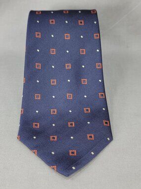 Angelo Stanganini Silk Necktie Tie Mens Navy Orange Geometric Square Italy